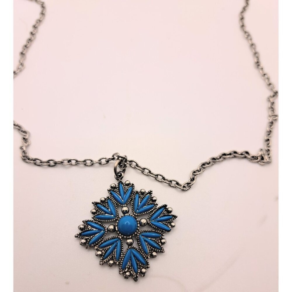 70s Vintage Pendant Necklace Turquoise Color Stone Diamond Shape‎ Silver Tone